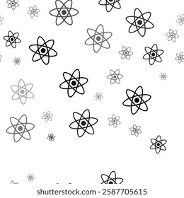 Seamless vector pattern with atomic symbols, creating a creative monochrome background with rotated elements. Vector illustration on white background