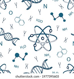 Seamless vector pattern with atoms and DNA on white background. Simple science wallpaper design for children. Decorative chemistry fashion textile.