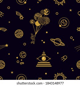Nahtlose Vektormuster mit Autonaut, Sternen, Planeten. Astrakte kosmologische Symbole auf schwarzem Hintergrund. Vorlage für Karten, Geschenkverpackungen, Stoffdesign.