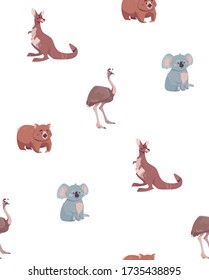 Seamless vector pattern with australian animals, kangaroo, wombat, ostrich, koala. Funny animals, print for printing on t-shirts, packaging, wallpaper, paper, posters. Isolated white, flat style.