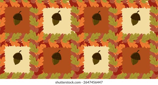 Seamless vector pattern of autumn acorns framed by oak leaves in repeating squares of orange and creme. Great for seasonal wrapping paper, textiles, backgrounds, and decorative prints.