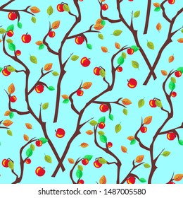 Seamless vector pattern: autumn Apple branches with leaves and fruits intertwined on a bright blue background