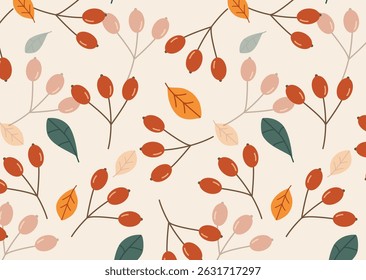 Seamless vector pattern with autumn berries and colorful leaves on beige background. Perfect for seasonal designs, fabric prints, packaging, wallpapers, and thanksgiving-themed projects.