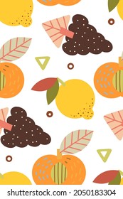 Seamless vector pattern in autumn boho colors fruits, leaves, etc. Surface design for web and print. 