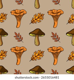 Padrão de vetor sem costura de chanterelle de outono e cogumelos marrons com folhas de carvalho e rowan em um fundo de taupe, perfeito para projetos com tema de outono.