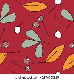Seamless vector pattern with autumn cherry's on red background. Simple juicy berry wallpaper design. Decorative fruit fashion textile.