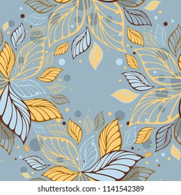Seamless vector pattern in autumn colors. Template for season decoration. Foliage frame illustration on light blue background. Trendy Fall print.