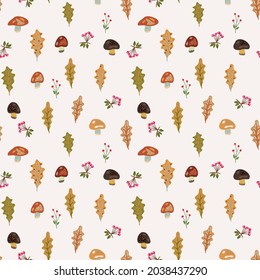 Seamless vector pattern in autumn colors with mushrooms, leaves, etc. Wallpaper, scrapbooking, textie and other surface design. 