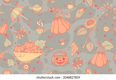 Seamless vector pattern with autumn elements. Pumpkins, sunflowers, corn, leaves. For packaging, fabric, wallpaper, textiles