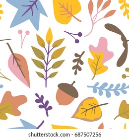 Seamless vector pattern with autumn elements. Trendy color texture on white isolated background. Colorful design for textile and wrapping paper.