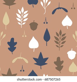 Seamless vector pattern with autumn elements. Trendy color texture on brown background. Beige, white and dark blue leaves.