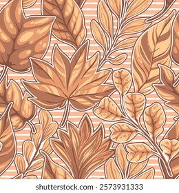 Seamless vector pattern with autumn fallen leaves in beige tones on a horizontal stripes background.