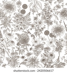 Flores otoñales de vectores sin foco. Dahlia, cosmos, zinnia, caléndula, rudbeckia, gladiolus, datura, eringium, allium, chrysanthemum, lobelia, gerbera, escherzia en estilo de grabado