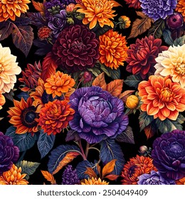 Seamless vector pattern with autumn flowers isolated on a changeable background. Vintage painting style illustration.