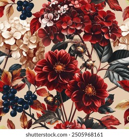 Seamless vector pattern with autumn flowers isolated on a changeable background. Vintage painting style illustration.