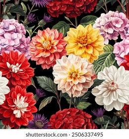 Seamless vector pattern with autumn flowers isolated on a changeable background. Vintage painting style illustration.