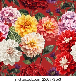 Seamless vector pattern with autumn flowers isolated on a changeable background. Vintage painting style illustration.