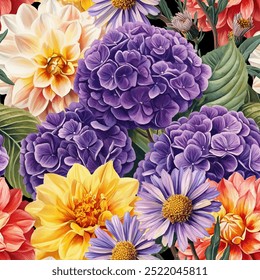 Seamless vector pattern with autumn flowers isolated on a changeable background. Vintage painting style illustration.