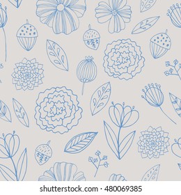 Seamless vector pattern with autumn flowers, leaves and grass.