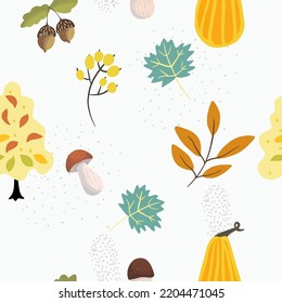 Seamless vector pattern with autumn forest, berries, mushrooms, pumpkin, trees, acorns, twigs, autumn vibes, suitable for Thanksgiving, Halloween.
