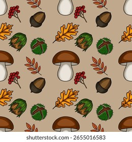 Padrão de vetor sem costura de elementos de floresta de outono: cogumelos, bolotas, castanhas, folhas de carvalho e bagas, renderizados em um estilo desenhado à mão com tons ricos de terra.