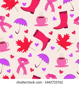 Seamless vector pattern of autumn icon symbols. Colored oak leaves and acorns. Color pink clothing umbrella and maple.
