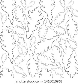 Seamless vector pattern of autumn leaf silhouettes. Black outline of oak leaves on white background.For decor fabric, paper, packaging, Wallpaper. Black and white graphics.