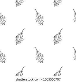 Seamless vector pattern of autumn leaf silhouettes. Black outline of oak leaves on white background.For decor fabric, paper, packaging, Wallpaper. Black and white graphics.