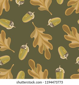 Seamless vector pattern with autumn leaves. Oak leaf and acorn drawing.