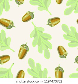 Seamless vector pattern with autumn leaves. Oak leaf and acorn drawing.