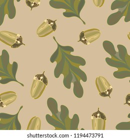 Seamless vector pattern with autumn leaves. Oak leaf and acorn drawing.