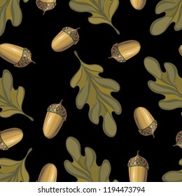 Seamless vector pattern with autumn leaves. Oak leaf and acorn drawing.