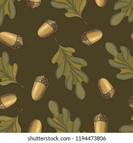 Seamless vector pattern with autumn leaves. Oak leaf and acorn drawing.