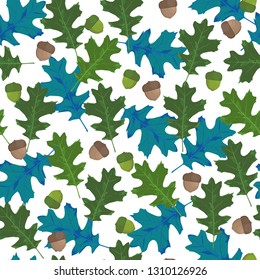 Seamless vector pattern with autumn leaves in seasonal colors. Oak leaf and acorn on white background