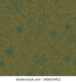 Seamless vector pattern with autumn leaves on dark green background. Outlined forest wallpaper design.  Floral fashion textile.