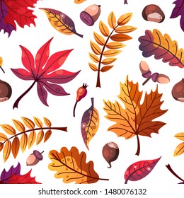 Seamless vector pattern with autumn leaves, maple, oak leaves, with chestnut, berries and acorn. autumn elements