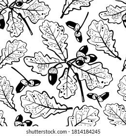 Patrón vectorial sin foco con hojas de otoño. Hojas de roble y dibujos de bellota. Hand dibujó fondo botánico detallado. Decoración de temporada de otoño vintage. Blanco y negro.