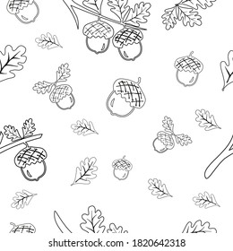 Seamless vector pattern with autumn leaves white background. Oak leaf and acorn outline drawing. Black and white pattern template.  Line drawing. 