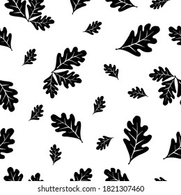 Seamless vector pattern with autumn leaves white background. Oak leaf  drawing. Black and white pattern template.  Line drawing. 