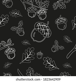 Seamless vector pattern with autumn leaves on black background. Oak leaf and acorn outline drawing pattern. Line drawing. 