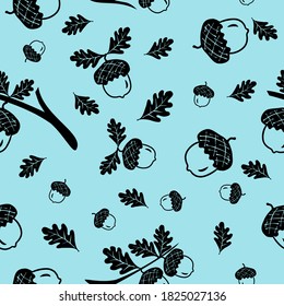 Seamless vector pattern with autumn leaves on colorful background. Oak leaf and acorn drawing pattern. silhouette drawing. 