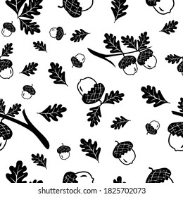 Seamless vector pattern with autumn leaves white background. Oak leaf and acorn drawing. Black and white pattern template.  Line drawing. 