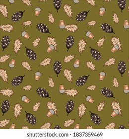Seamless vector pattern with autumn leaves, acorns and cones on green background. Design perfect for wallpaper, wrapping paper, card, textile