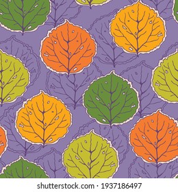Seamless vector pattern with autumn leaves on purple background. Happy forest wallpaper design. Decorative seasonal fashion textile.