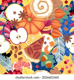 Seamless vector pattern with autumn leaves, plants and food.