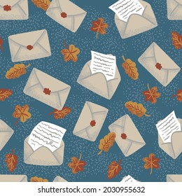 Seamless vector pattern of autumn leaves and postal letters. On a dark blue background, orange oak and maple leaves are flying, letters in envelopes are flying. Romantic background
