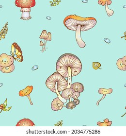 Seamless Vector Pattern with autumn leaves, mushrooms, drops of the water on the blue-turquoise background. Dreamy pattern for print design.