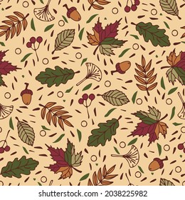 Seamless vector pattern with autumn leaves on yellow background. Simple seasonal  wallpaper design. Decorative floral branch fashion textile.