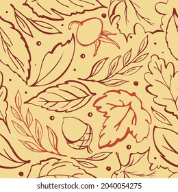 Seamless vector pattern of autumn leaves, acorn and rose hips. Hand drawing.  Light orange background with dots. For textile, fabric, wallpaper, wrapping.