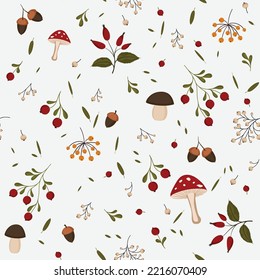 Seamless vector pattern with autumn leaves, berries, mushrooms, fruits